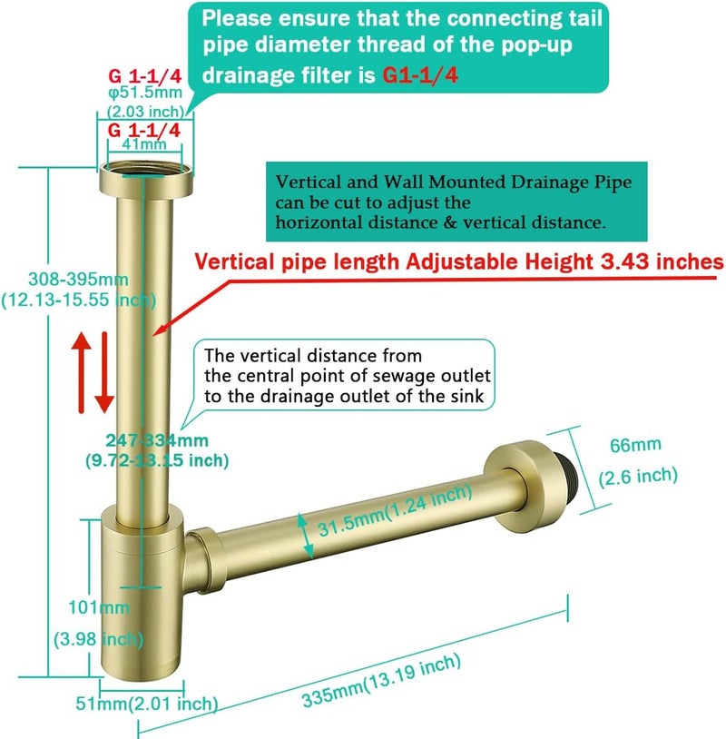 SEABEFORE Brass Round Bottle P-Trap 1 1/4, Adjustable Basin Sink Waste Drain Trap Kit, Brushed Gold P Trap - Image 2